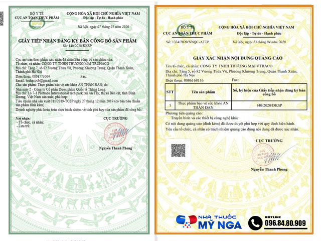 Chứng nhận sản phẩm An Thần Đan