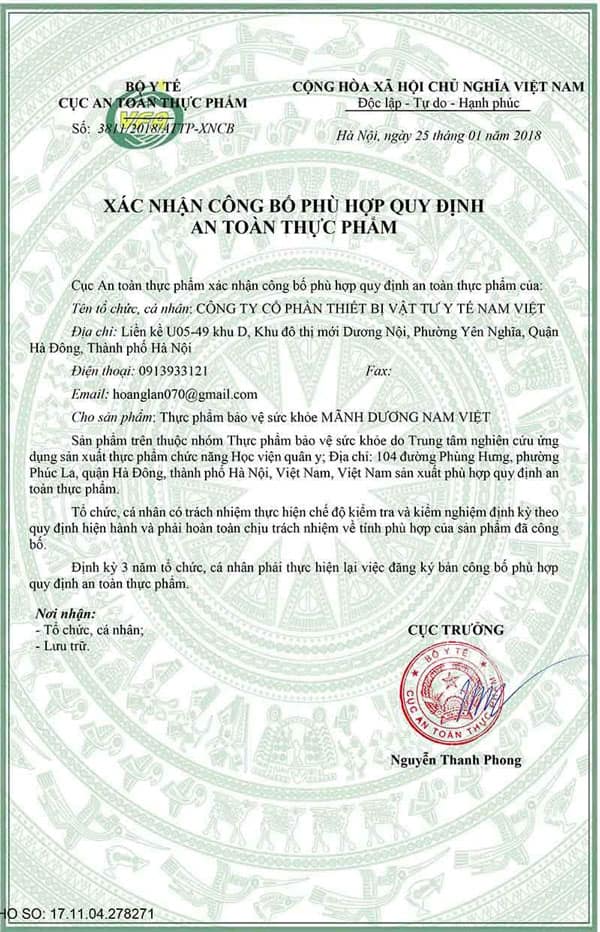 giấy chứng nhận mãnh dương nam việt