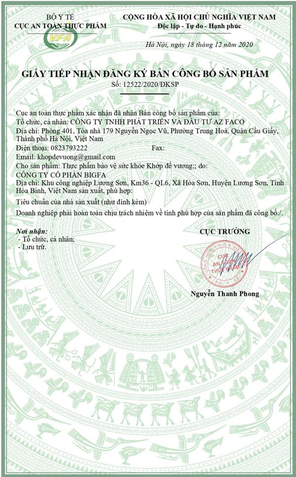 giấy chứng nhận khớp đế vương