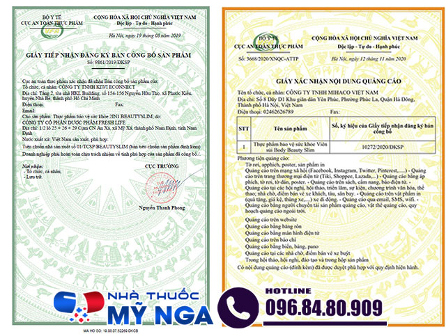 Chứng nhận sản phẩm Body Beauty Slim