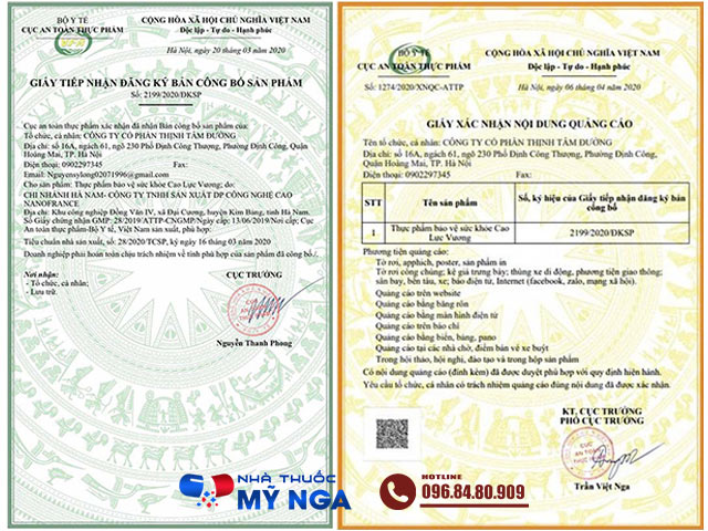 Giấy chứng nhận sản phẩm Cao Lực Vương