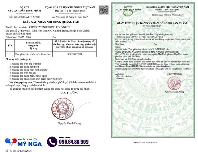 Chứng nhận sản phẩm Slim Herbal