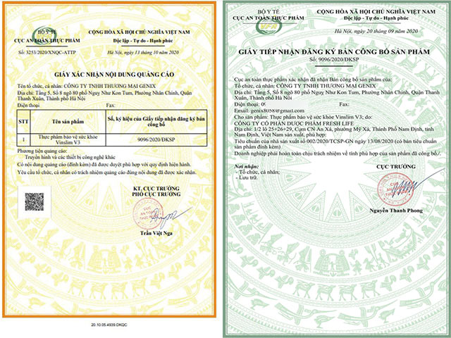 Chứng nhận sản phẩm Vinslim v3