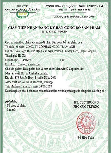 giấy công bố menevit